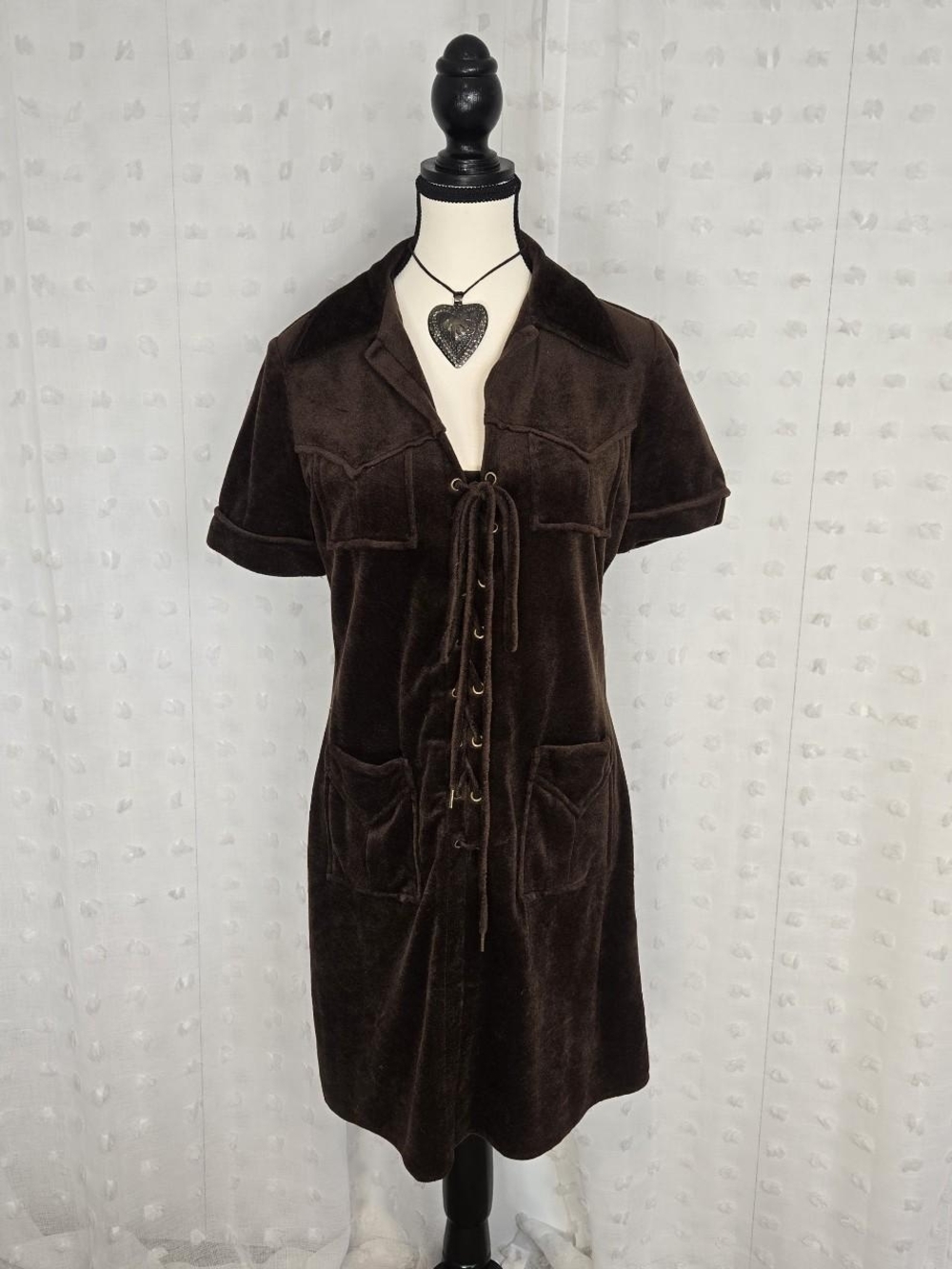 Vintage 70s Brown Velvet Lace-Up Shirt Dress